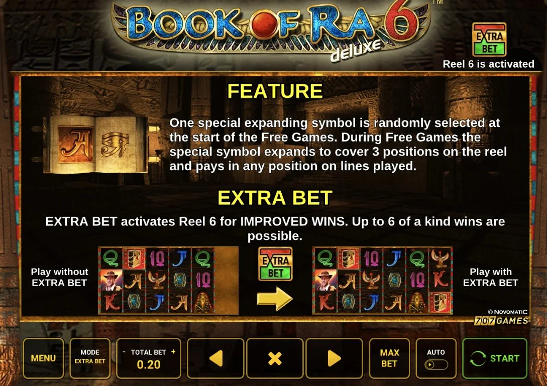 Book of Ra 6 Deluxe Extra Bet feature explanation showing how the 6th reel activates for improved wins