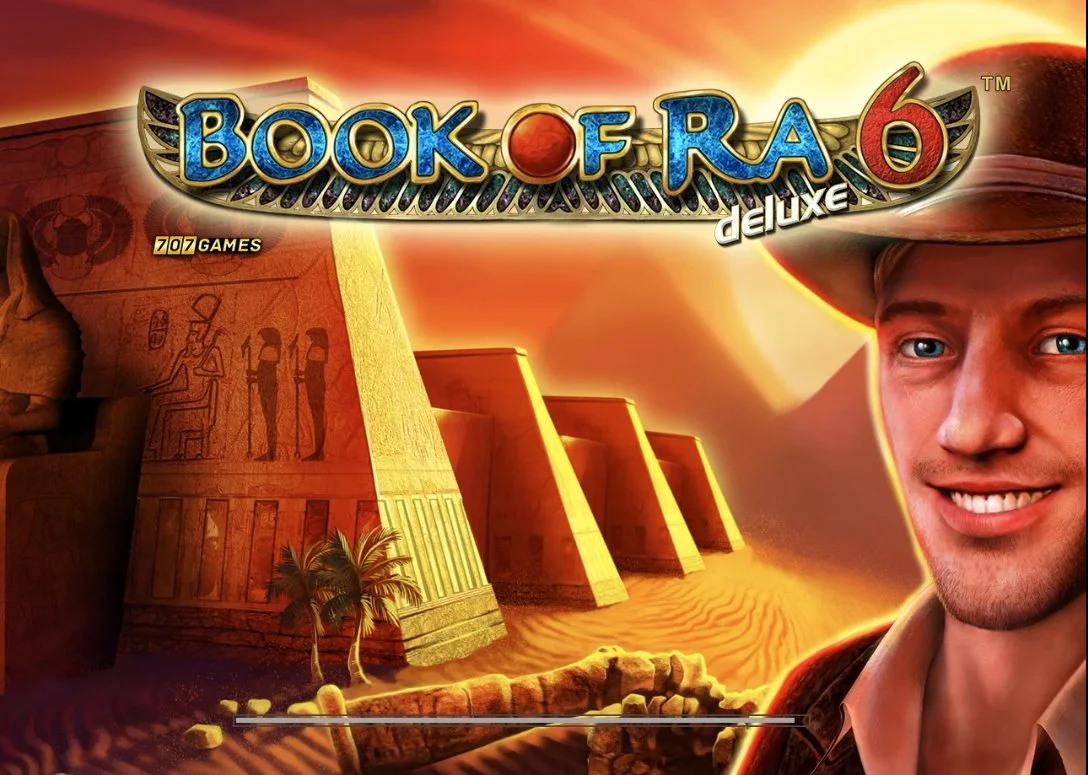 Book of Ra 6 Deluxe title screen featuring explorer character in front of Egyptian temple and obelisk