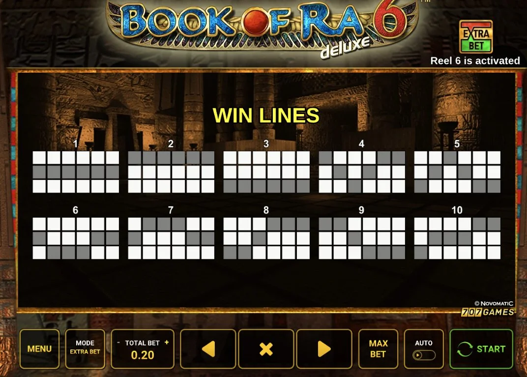 Book of Ra 6 Deluxe win lines diagram showing 10 payline patterns across 6 reels