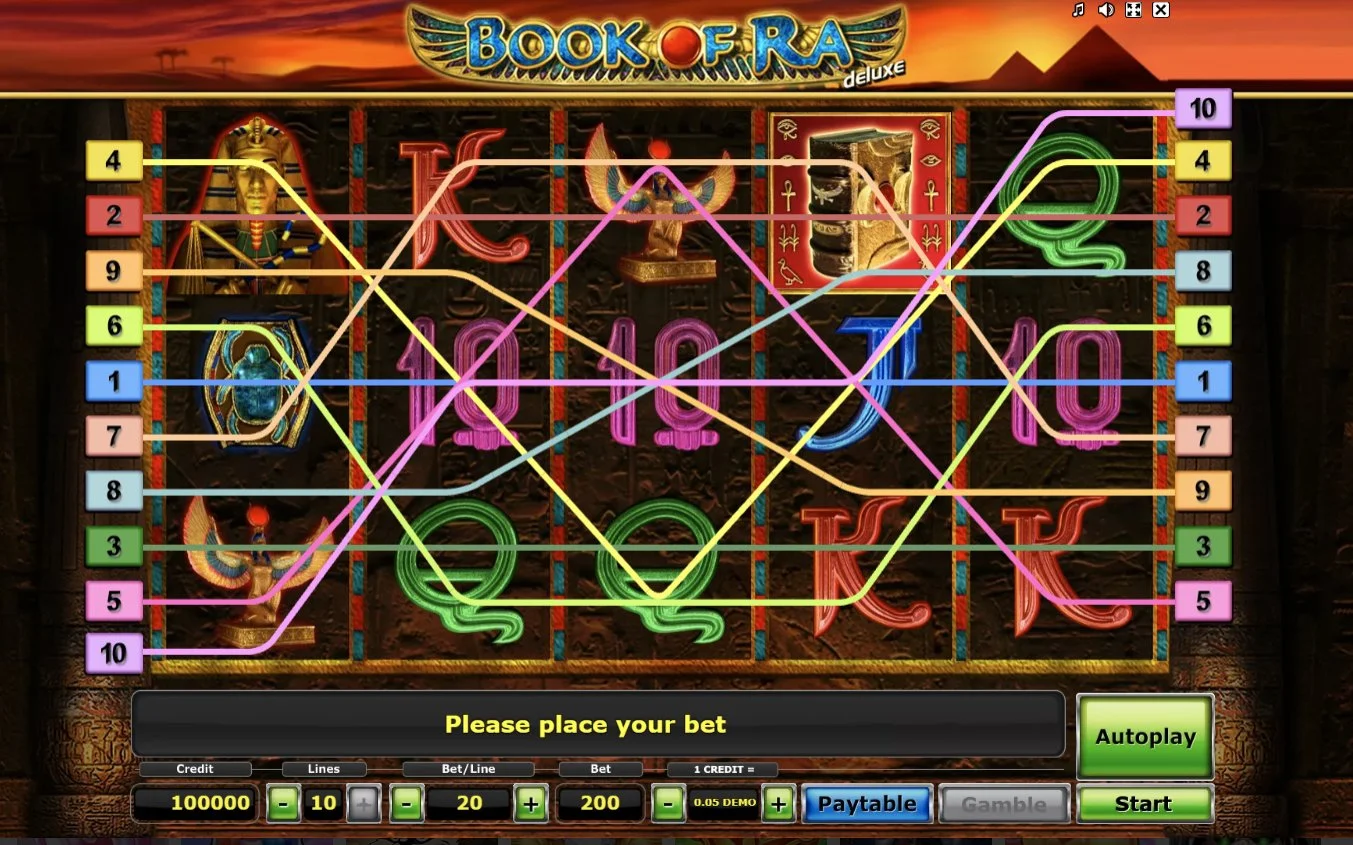 Book of Ra Deluxe zobrazující 10 vzorů výherních linií na mřížce 5x3
