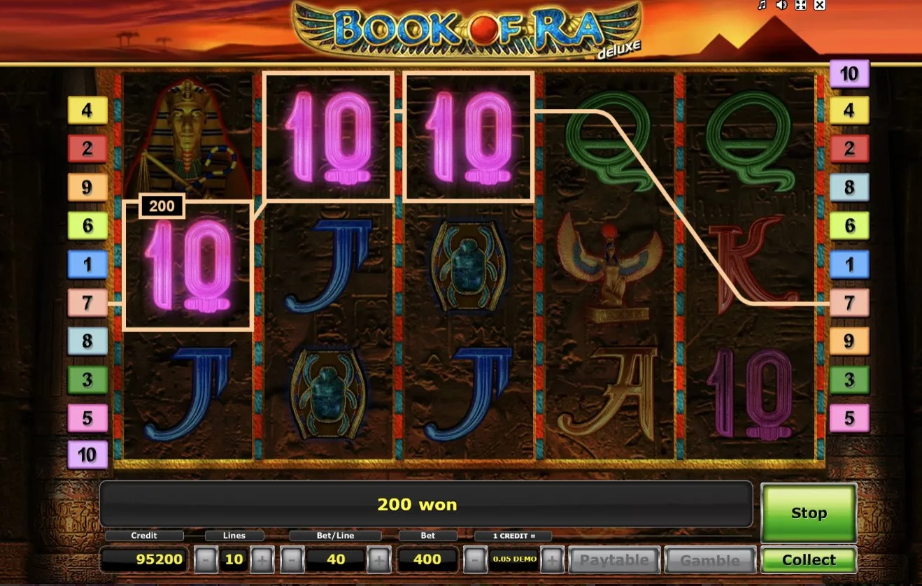 Book of Ra Deluxe výhra ve základní hře 200 kreditů se zvýrazněnými symboly 10